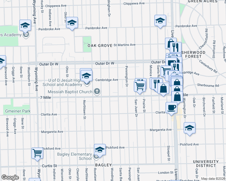 map of restaurants, bars, coffee shops, grocery stores, and more near 19137 Santa Barbara Drive in Detroit
