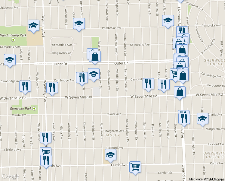 map of restaurants, bars, coffee shops, grocery stores, and more near 19137 Woodingham Drive in Detroit