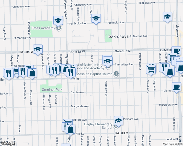 map of restaurants, bars, coffee shops, grocery stores, and more near 19141 Ohio Street in Detroit
