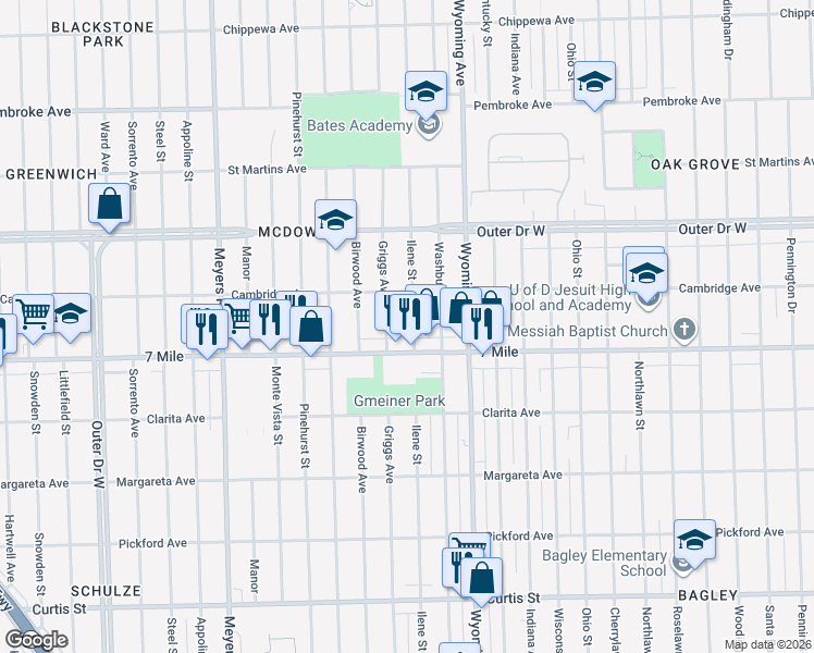 map of restaurants, bars, coffee shops, grocery stores, and more near 19134 Ilene Street in Detroit
