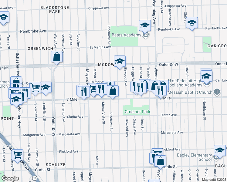 map of restaurants, bars, coffee shops, grocery stores, and more near 19134 Pinehurst Street in Detroit