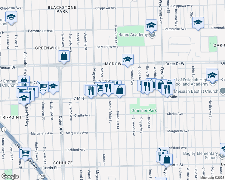 map of restaurants, bars, coffee shops, grocery stores, and more near 19134 Pinehurst Street in Detroit