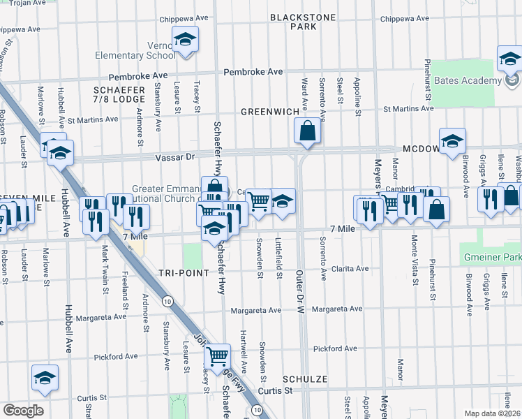 map of restaurants, bars, coffee shops, grocery stores, and more near 19158 Snowden Street in Detroit