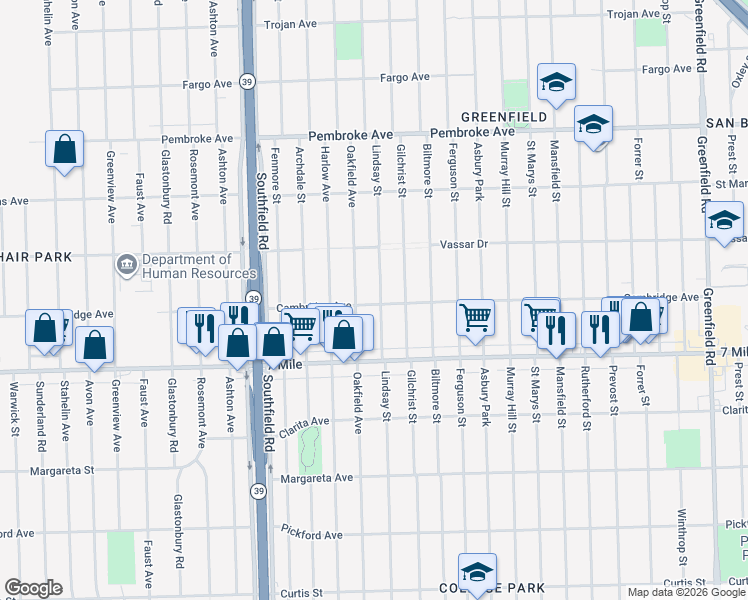 map of restaurants, bars, coffee shops, grocery stores, and more near 19216 Lindsay Street in Detroit