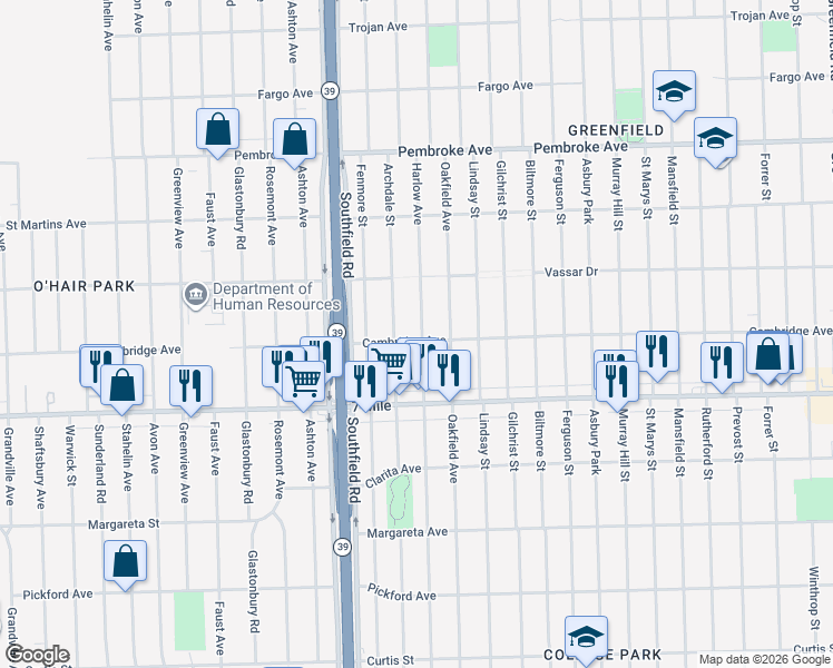 map of restaurants, bars, coffee shops, grocery stores, and more near 19300 Archdale Street in Detroit