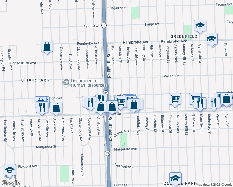 map of restaurants, bars, coffee shops, grocery stores, and more near 19303 Fenmore Street in Detroit