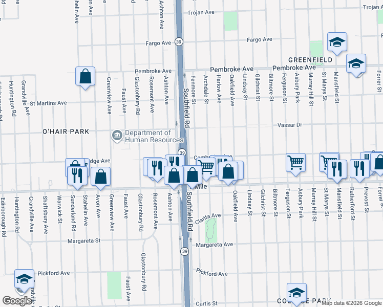 map of restaurants, bars, coffee shops, grocery stores, and more near 19303 Fenmore Street in Detroit