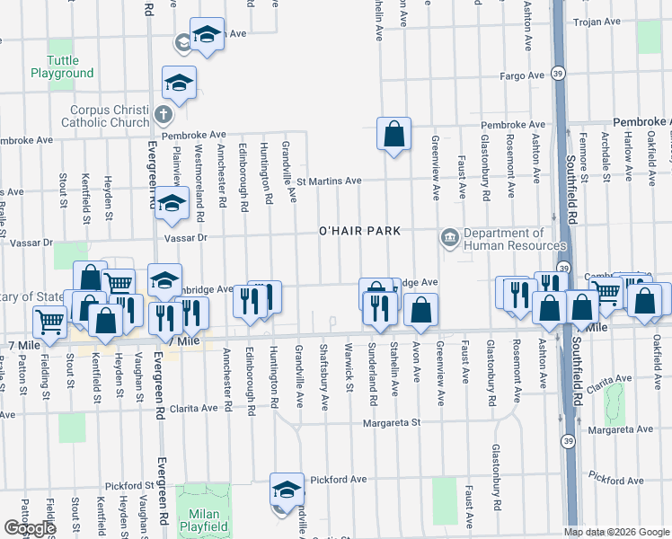 map of restaurants, bars, coffee shops, grocery stores, and more near 19315 Warwick Street in Detroit