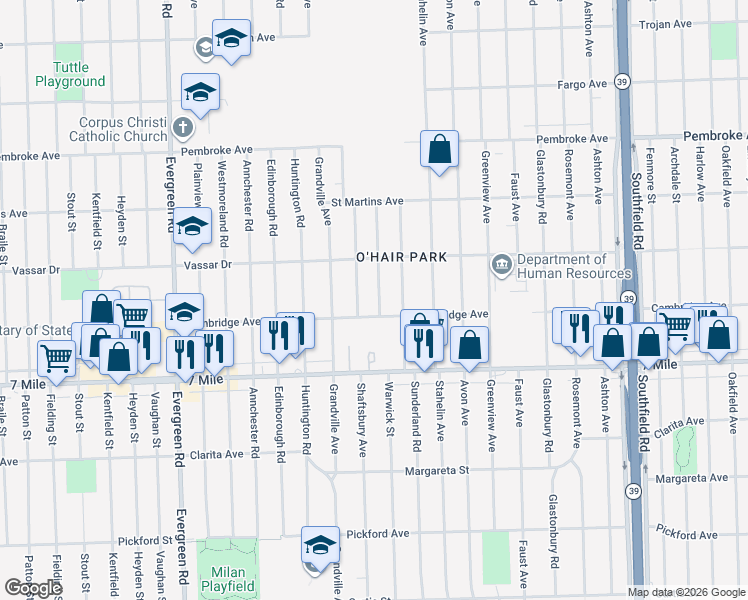 map of restaurants, bars, coffee shops, grocery stores, and more near 19315 Warwick Street in Detroit