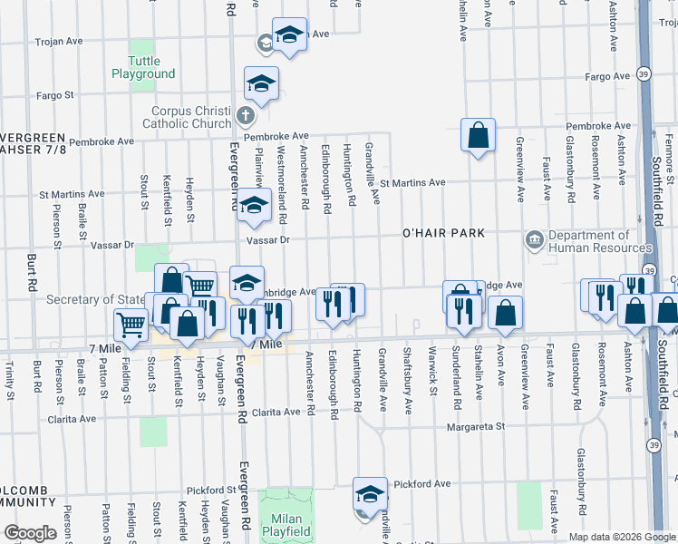map of restaurants, bars, coffee shops, grocery stores, and more near 19319 Huntington Road in Detroit