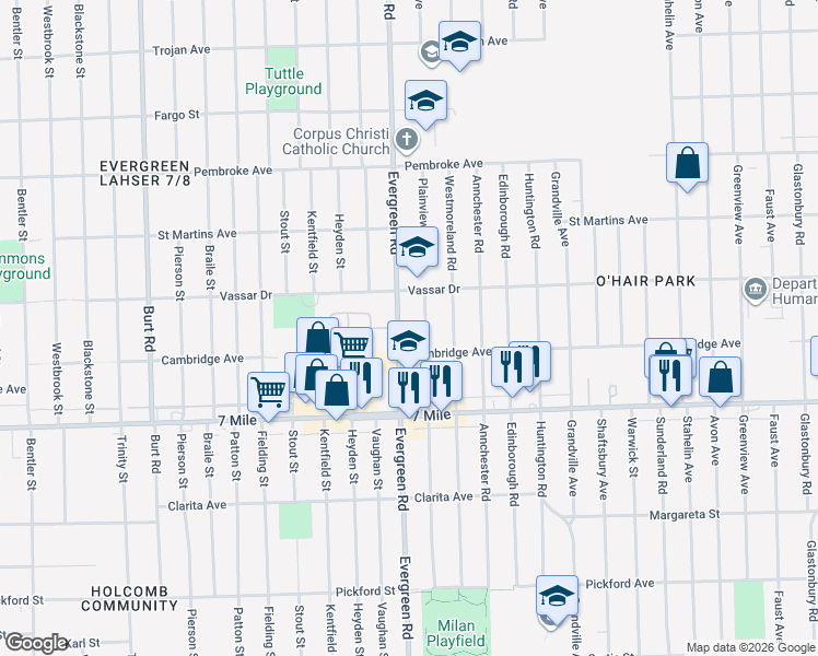 map of restaurants, bars, coffee shops, grocery stores, and more near 19325 Plainview Avenue in Detroit
