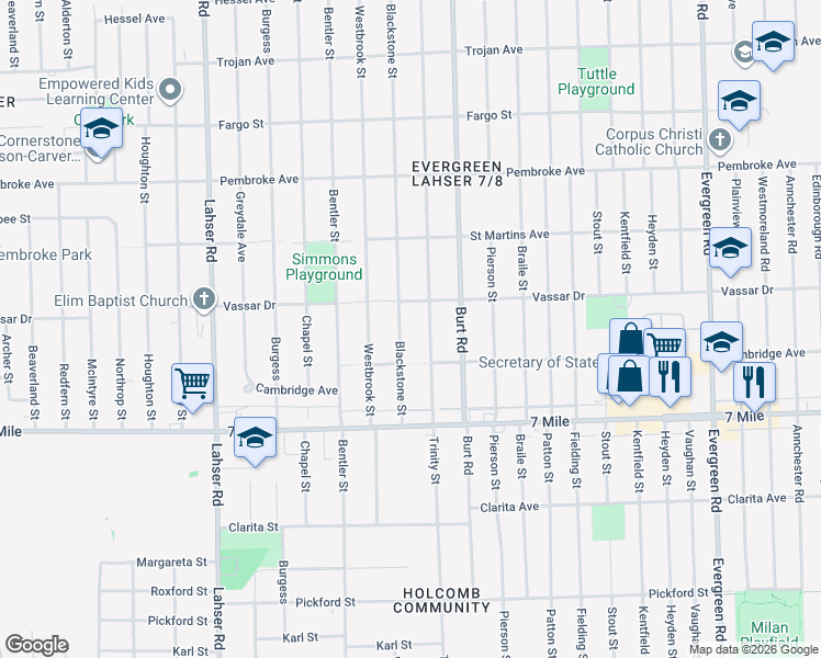 map of restaurants, bars, coffee shops, grocery stores, and more near 19341 Trinity Street in Detroit