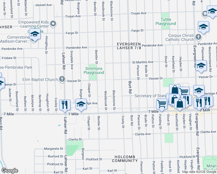 map of restaurants, bars, coffee shops, grocery stores, and more near 19341 Blackstone Street in Detroit