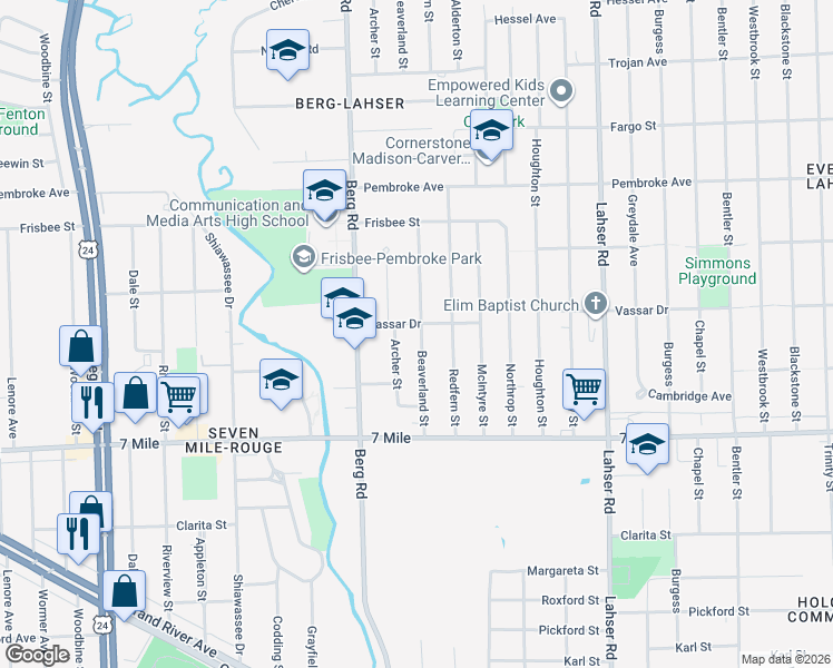 map of restaurants, bars, coffee shops, grocery stores, and more near 19294 Beaverland Street in Detroit