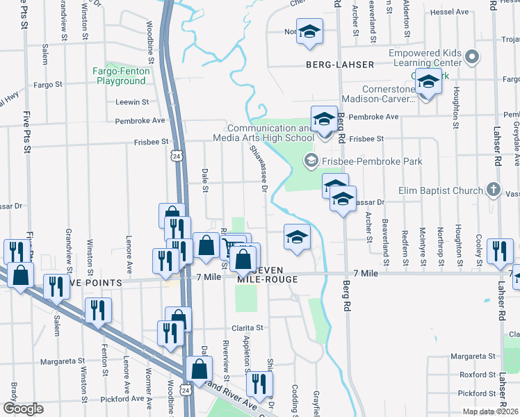 map of restaurants, bars, coffee shops, grocery stores, and more near 19300 Shiawassee Drive in Detroit