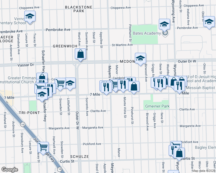 map of restaurants, bars, coffee shops, grocery stores, and more near 19150 Meyers Road in Detroit
