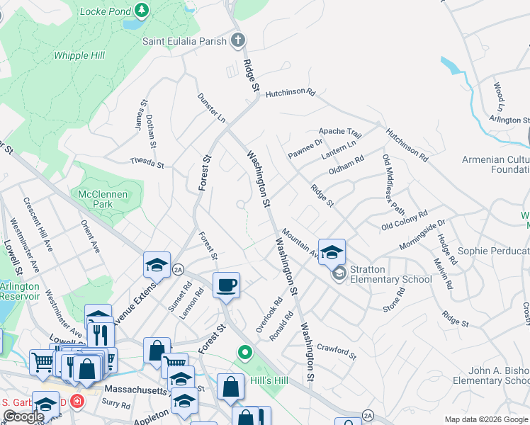 map of restaurants, bars, coffee shops, grocery stores, and more near 308 Washington Street in Arlington