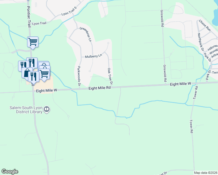 map of restaurants, bars, coffee shops, grocery stores, and more near 60026 Eight Mile Road in South Lyon