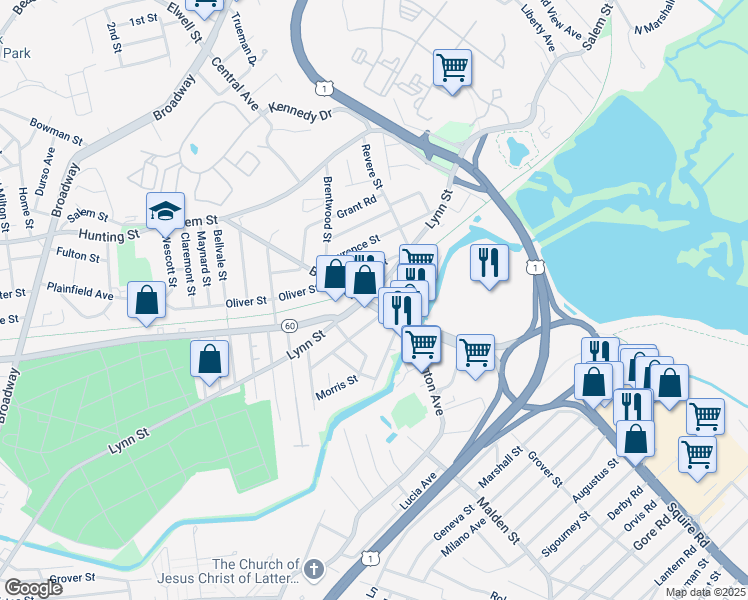 map of restaurants, bars, coffee shops, grocery stores, and more near 479 Lynn Street in Malden