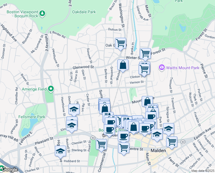 map of restaurants, bars, coffee shops, grocery stores, and more near 145 Clifton Street in Malden