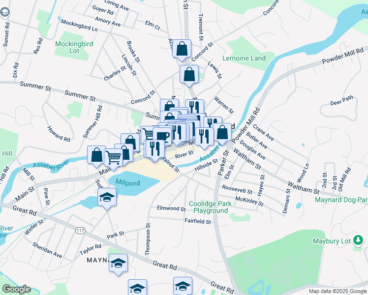 map of restaurants, bars, coffee shops, grocery stores, and more near 58 Main Street in Maynard