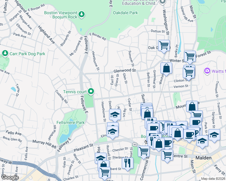 map of restaurants, bars, coffee shops, grocery stores, and more near 36 Kernwood Street in Malden