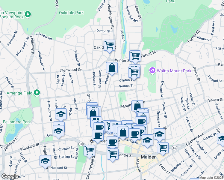 map of restaurants, bars, coffee shops, grocery stores, and more near 92 Clifton Street in Malden
