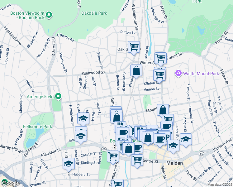 map of restaurants, bars, coffee shops, grocery stores, and more near 155 Clifton Street in Malden