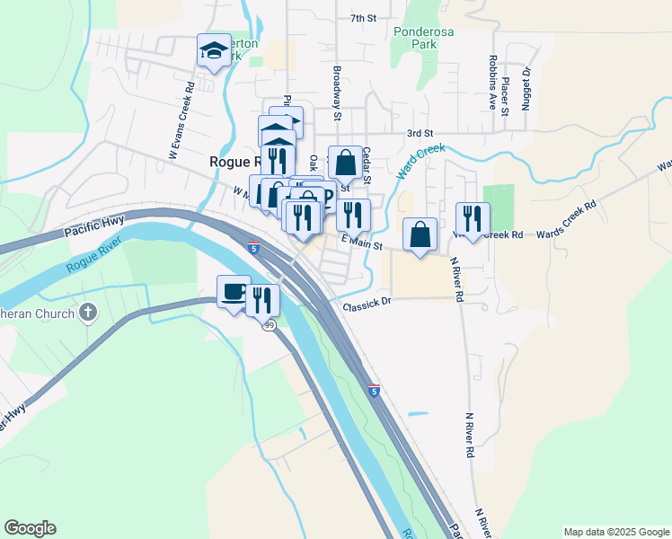map of restaurants, bars, coffee shops, grocery stores, and more near 214 Arbor Street in Rogue River
