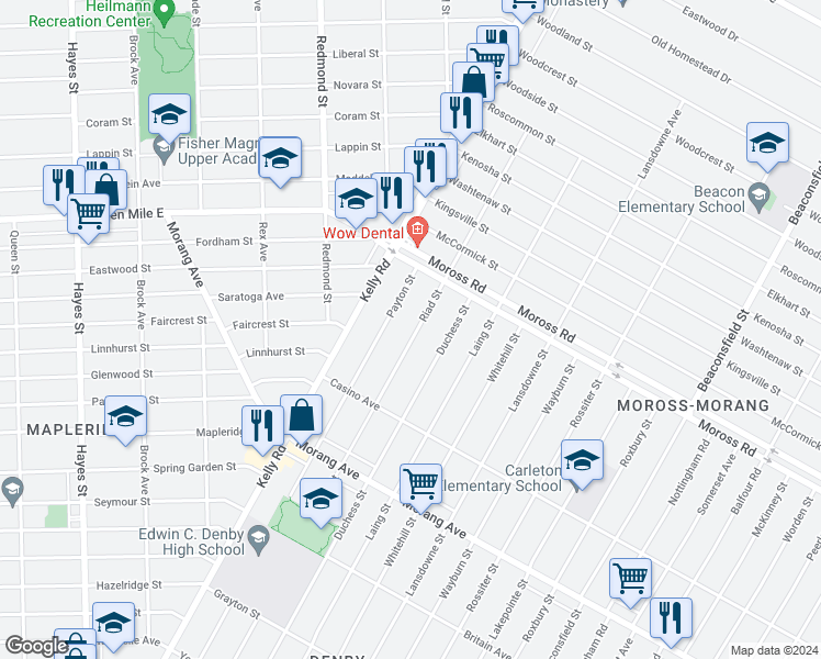 map of restaurants, bars, coffee shops, grocery stores, and more near 12815 Riad Street in Detroit