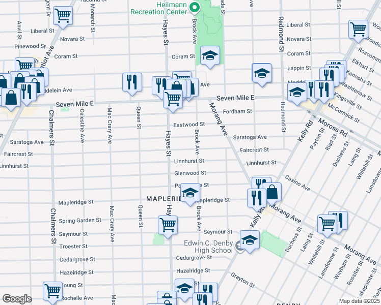 map of restaurants, bars, coffee shops, grocery stores, and more near 15286 Faircrest Street in Detroit