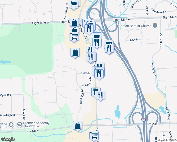 map of restaurants, bars, coffee shops, grocery stores, and more near 39468 Danielle Drive in Northville