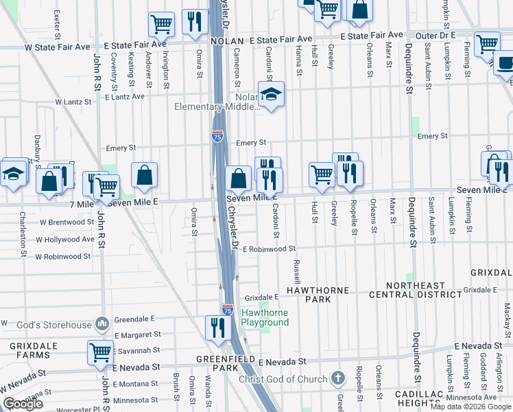 map of restaurants, bars, coffee shops, grocery stores, and more near Hawthorne Street in Detroit