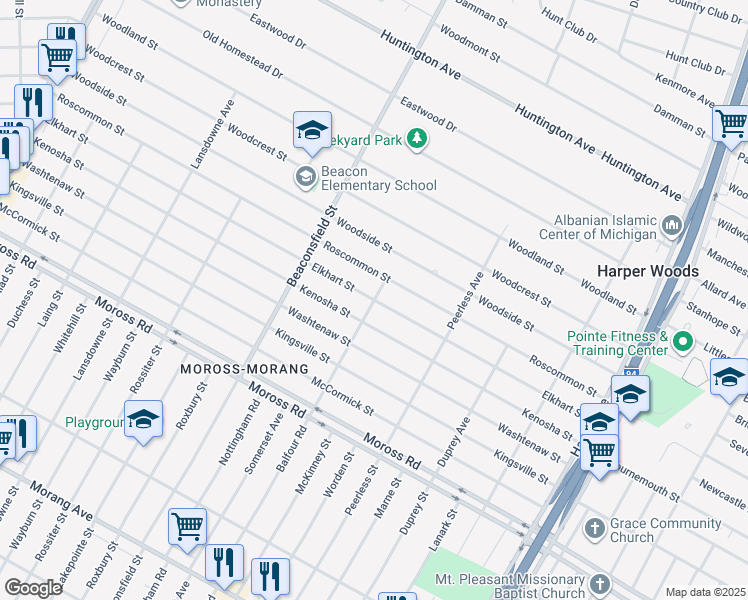 map of restaurants, bars, coffee shops, grocery stores, and more near Balfour Rd & Elkhart St in Harper Woods