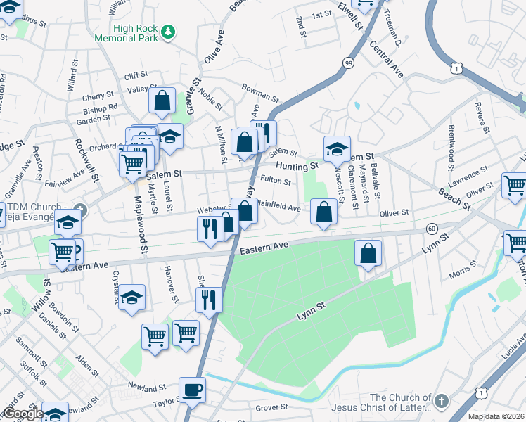 map of restaurants, bars, coffee shops, grocery stores, and more near 13 Coleman Street in Malden
