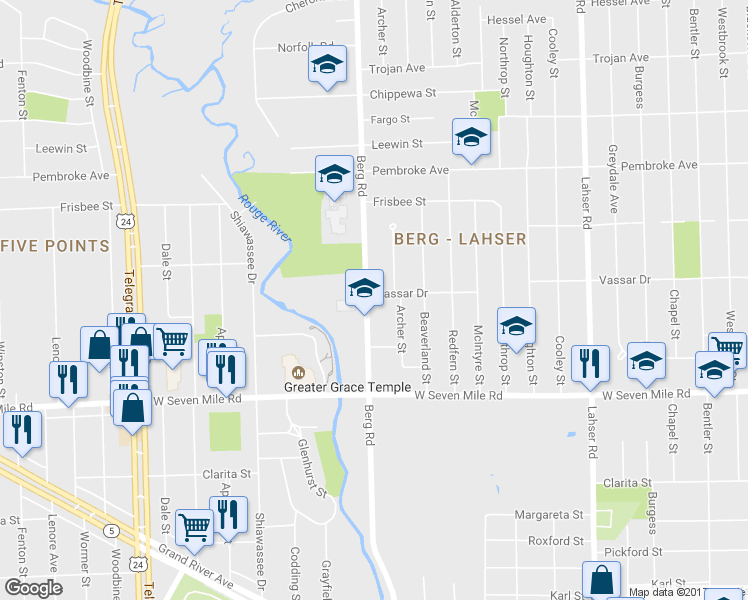 map of restaurants, bars, coffee shops, grocery stores, and more near 22815 Vassar Drive in Detroit