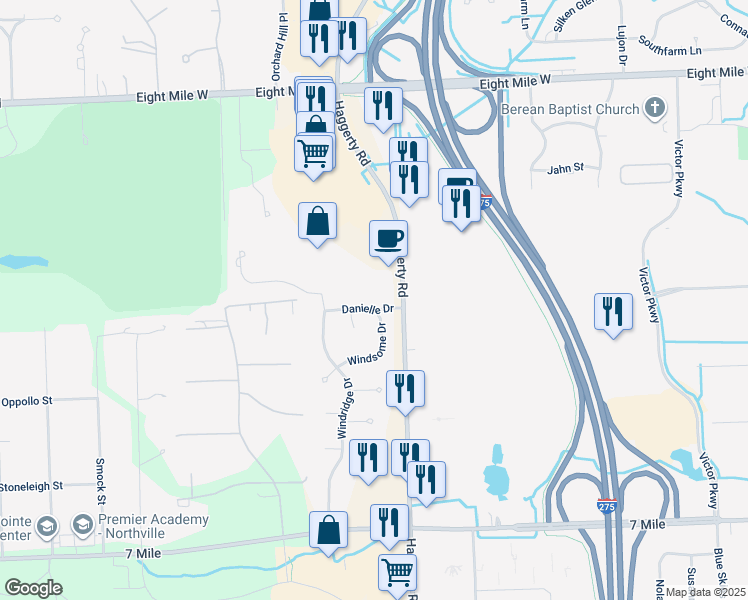 map of restaurants, bars, coffee shops, grocery stores, and more near 39468 Danielle Drive in Northville