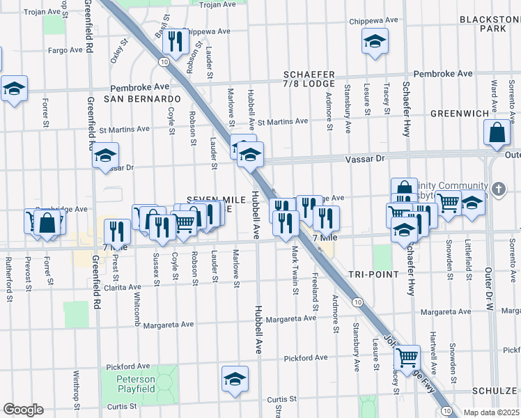 map of restaurants, bars, coffee shops, grocery stores, and more near 19194 Hubbell Avenue in Detroit