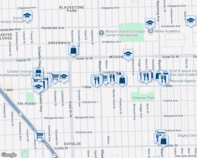 map of restaurants, bars, coffee shops, grocery stores, and more near 19150 Meyers Road in Detroit