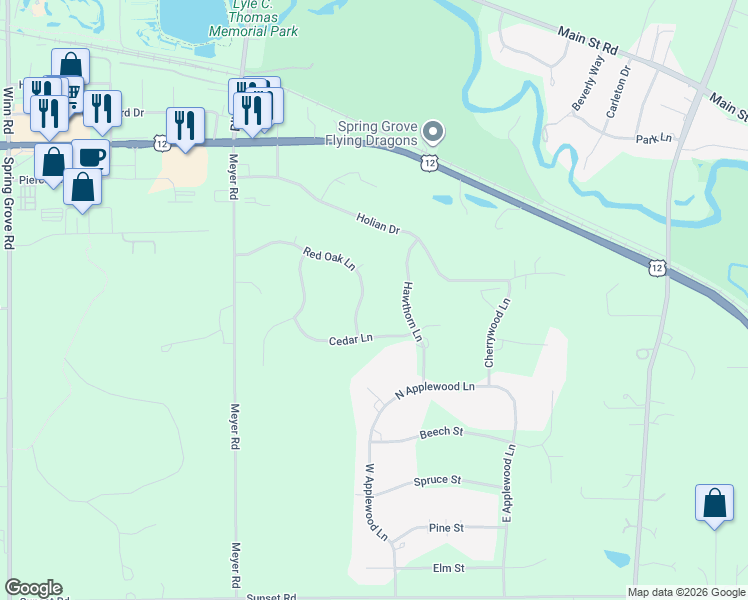 map of restaurants, bars, coffee shops, grocery stores, and more near 1848 Red Oak Lane in Spring Grove