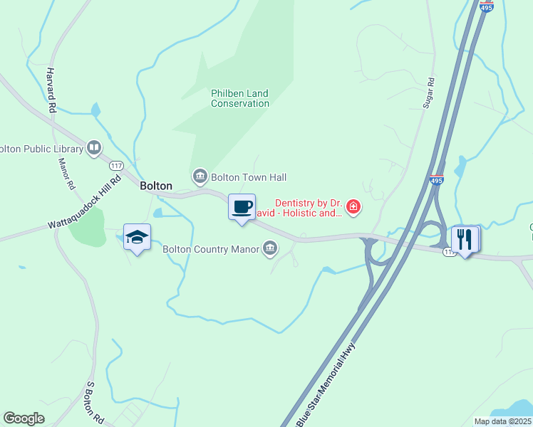 map of restaurants, bars, coffee shops, grocery stores, and more near 615 Main Street in Bolton