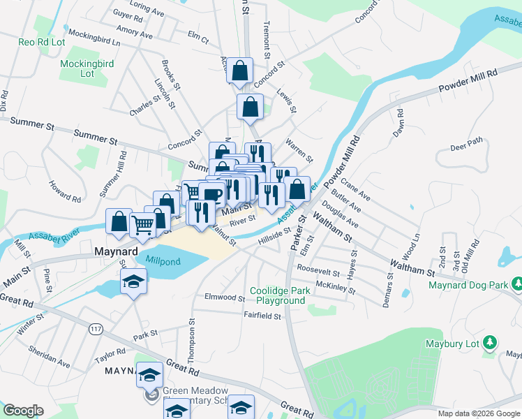 map of restaurants, bars, coffee shops, grocery stores, and more near 49 River Street in Maynard
