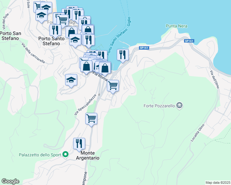 map of restaurants, bars, coffee shops, grocery stores, and more near 23D Strada dell Argentiera in Porto Santo Stefano