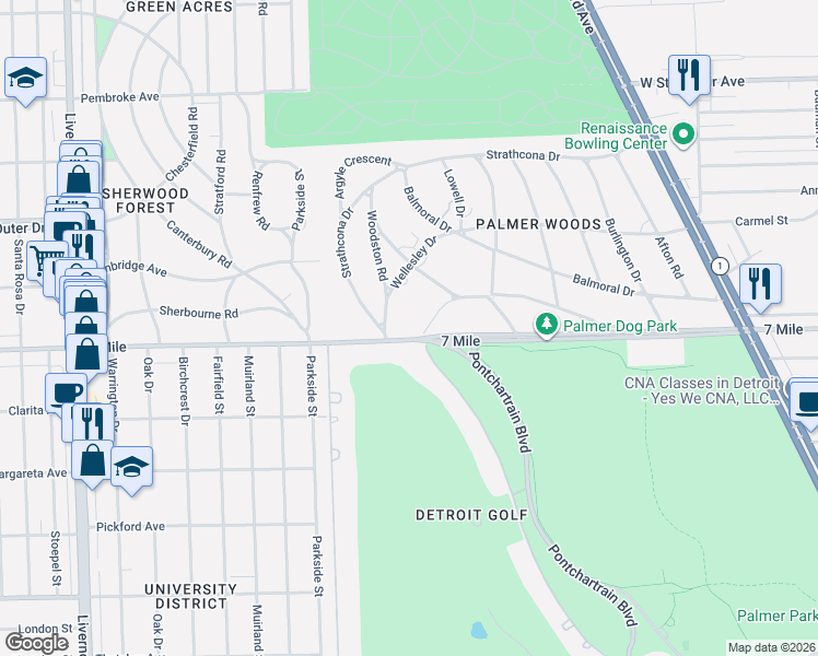 map of restaurants, bars, coffee shops, grocery stores, and more near 1820 West Seven Mile Road in Detroit