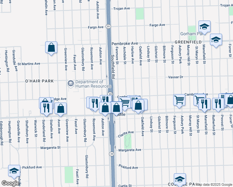 map of restaurants, bars, coffee shops, grocery stores, and more near 19313 Fenmore Street in Detroit