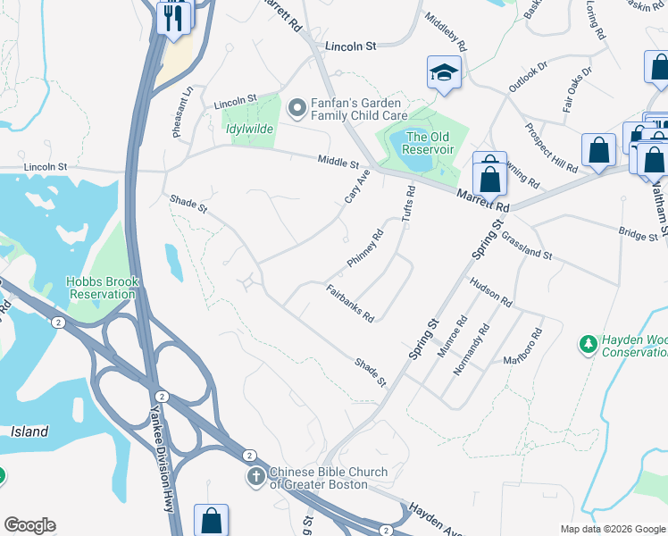 map of restaurants, bars, coffee shops, grocery stores, and more near 23 Phinney Road in Lexington