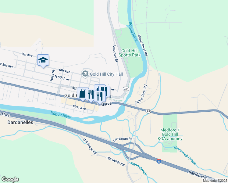 map of restaurants, bars, coffee shops, grocery stores, and more near 127 4th Avenue in Gold Hill