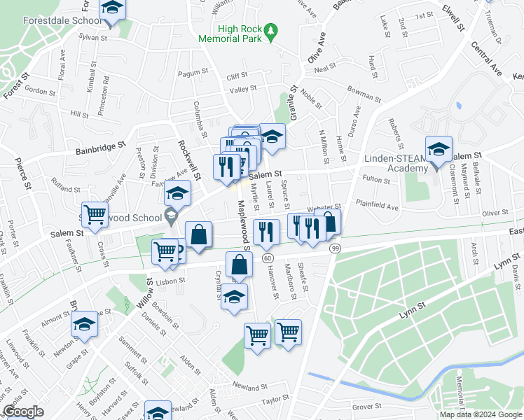 map of restaurants, bars, coffee shops, grocery stores, and more near 112 Webster Street in Malden