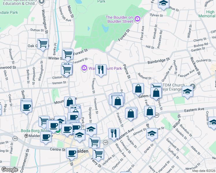 map of restaurants, bars, coffee shops, grocery stores, and more near 81 Mount Vernon Street in Malden