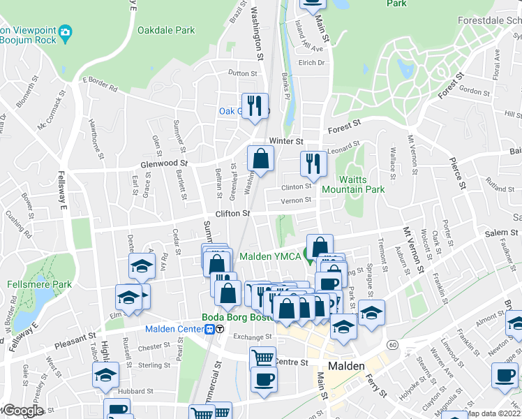 map of restaurants, bars, coffee shops, grocery stores, and more near 92 Clifton Street in Malden